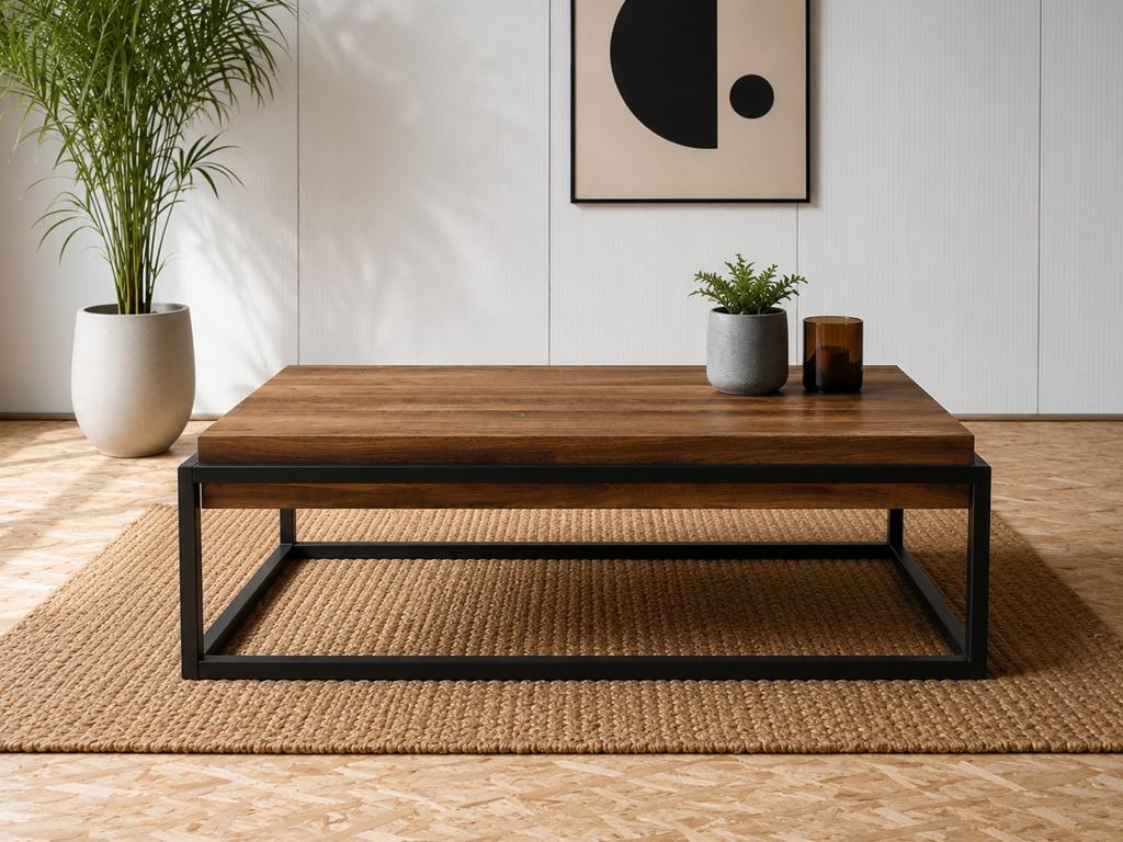 Industriële salontafel – houtlook & zwart metalen frame, Huis en Inrichting, Tafels | Salontafels, Ophalen