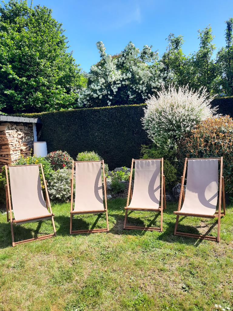 4 ligstoelen voor strand en tuin, hout-stof, taupe, TBE, Ophalen, Zo goed als nieuw, Hout, Verstelbaar