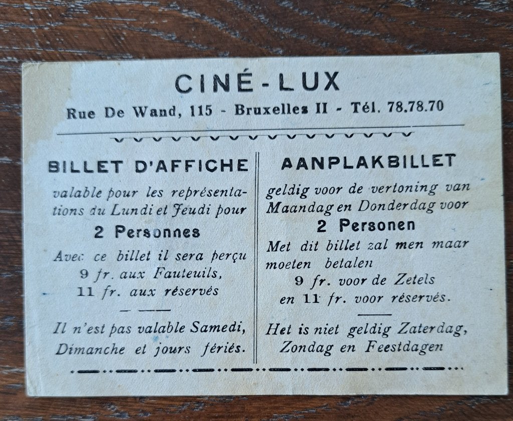 Ancien ticket de cinema  rue de Wand Bruxelles, Enlèvement ou Envoi