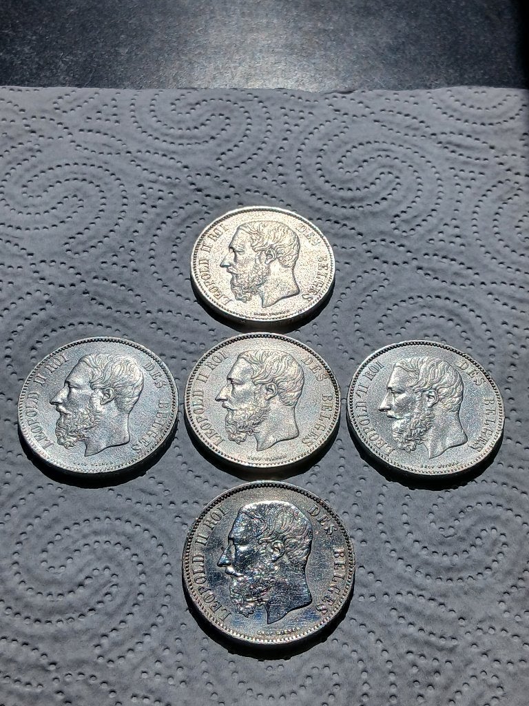 Belgisch lot van 5 zilveren munten 5 frank Leopold II, Postzegels en Munten, Munten | België, Ophalen of Verzenden, Zilver, Zilver