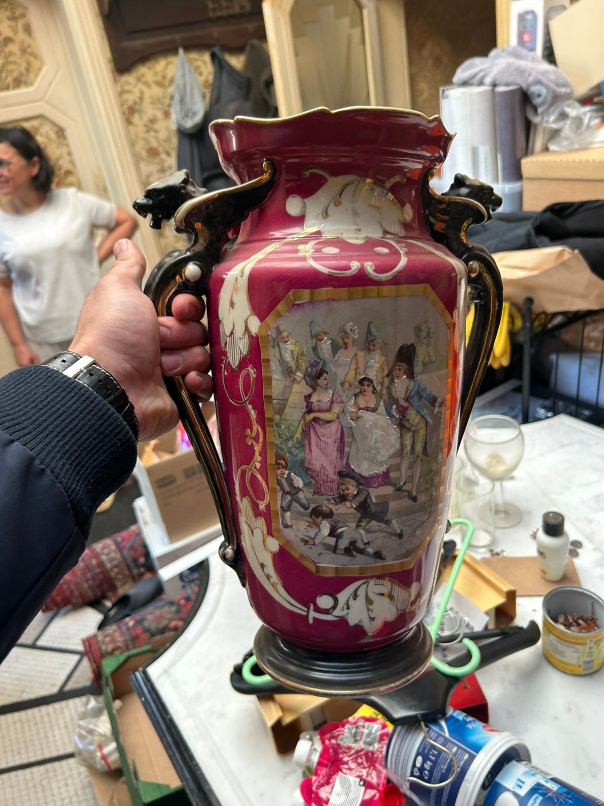 Paar roze-paarse porseleinen siervazen, Ophalen of Verzenden