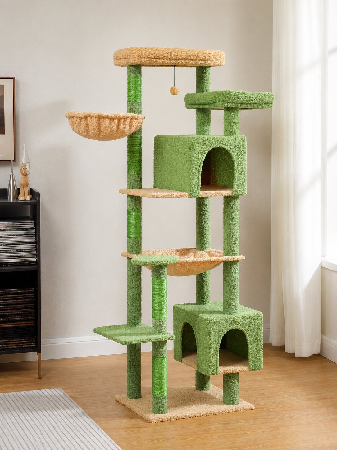 Cactus Groene Krabpaal 175cm – 2 Huisjes, 2 Hangmatten, Dieren en Toebehoren, Krabmeubelen, Zo goed als nieuw, Krabpaal, Ophalen of Verzenden