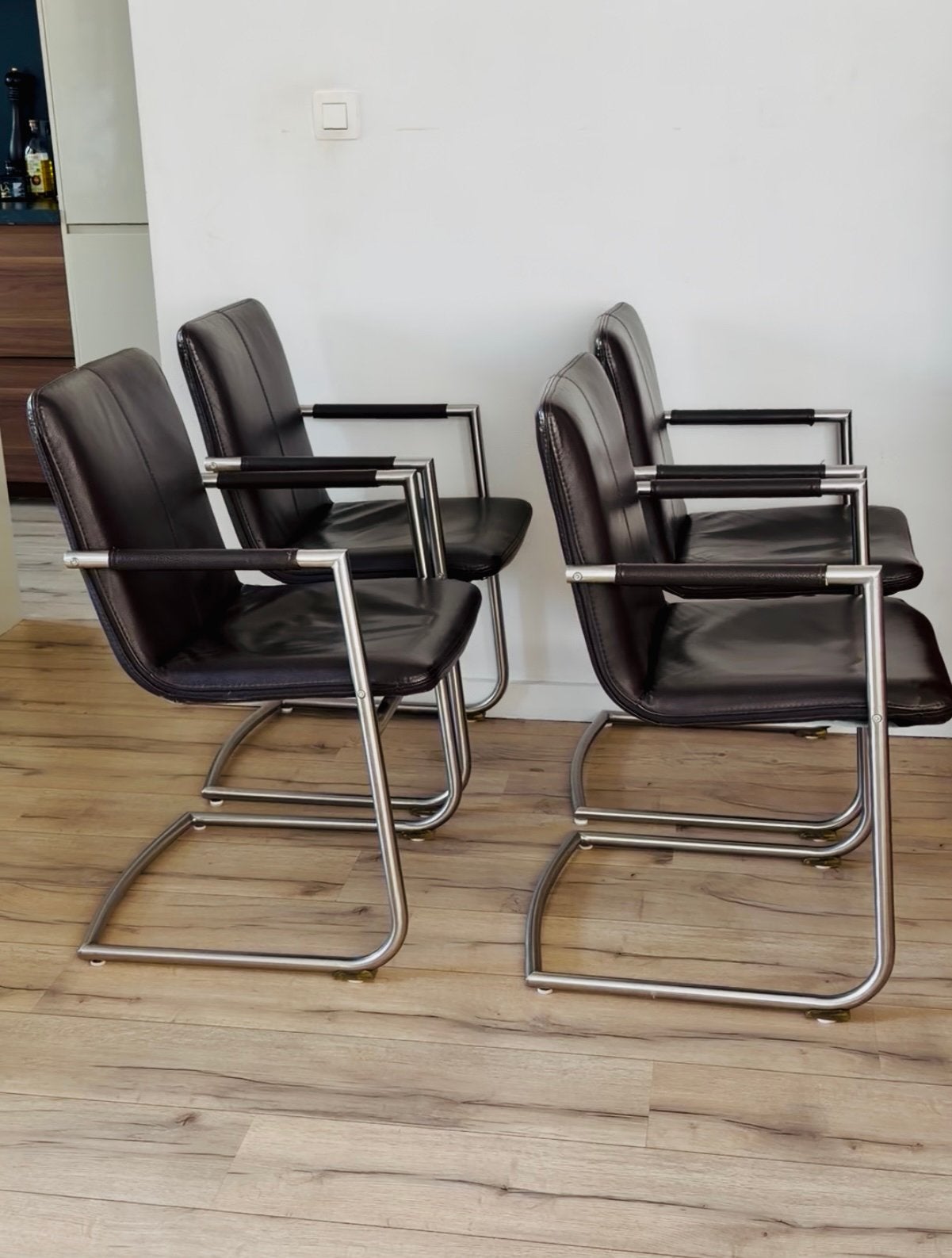 Setprijs van 4 lederen stoelen, Ophalen, Gebruikt, Bruin, Vintage