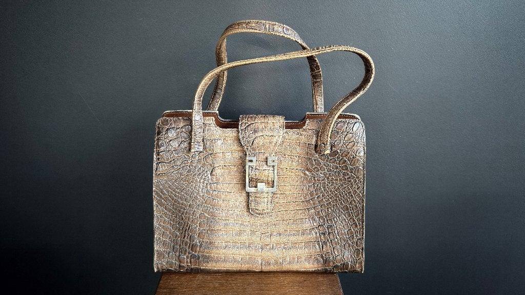 Vintage bruine leren handtas – krokodillen/reptielstructuur, Ophalen of Verzenden, Gebruikt, Bruin, Handtas