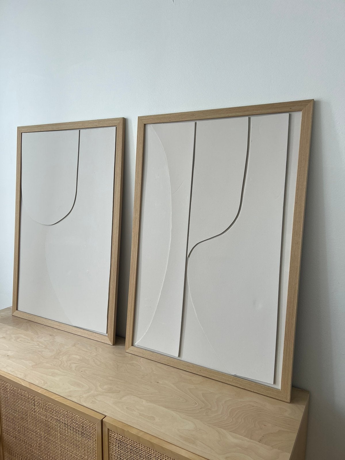 Grand Tableau Toile minimaliste beige avec bordure en bois, Maison & Meubles, Enlèvement, Comme neuf, Bois