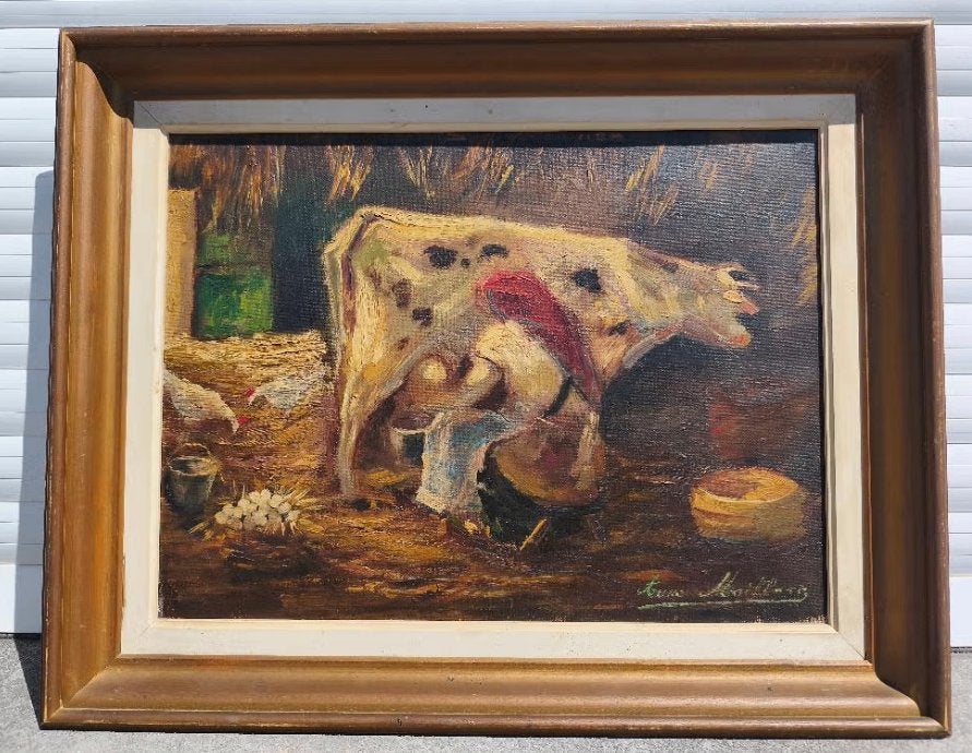 Huile sur toile la traite des vaches signe Anne Maillart, Antiquités & Art, Art | Peinture | Classique, Enlèvement ou Envoi, Toile