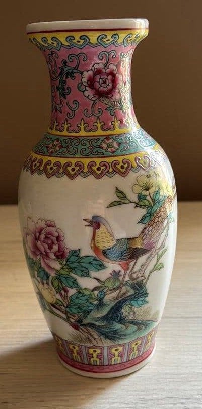 Vintage Chinese Famille Rose Vaas – Vogel & Pioenroos, Ophalen of Verzenden
