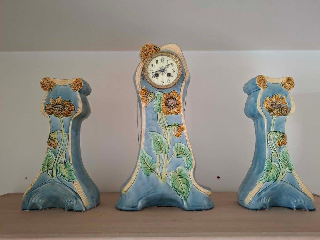 Antieke Art Nouveau 3-delige schouwgarnituur of meubelstuk, Antiek en Kunst, Antiek | Klokken, Ophalen of Verzenden
