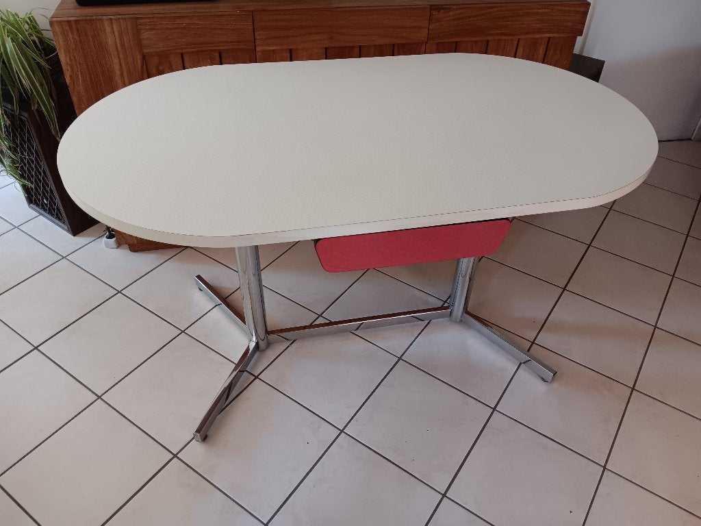 Vintage Formica Ovale eettafel met lade, 100 à 150 cm, Quatre personnes, Enlèvement, Utilisé