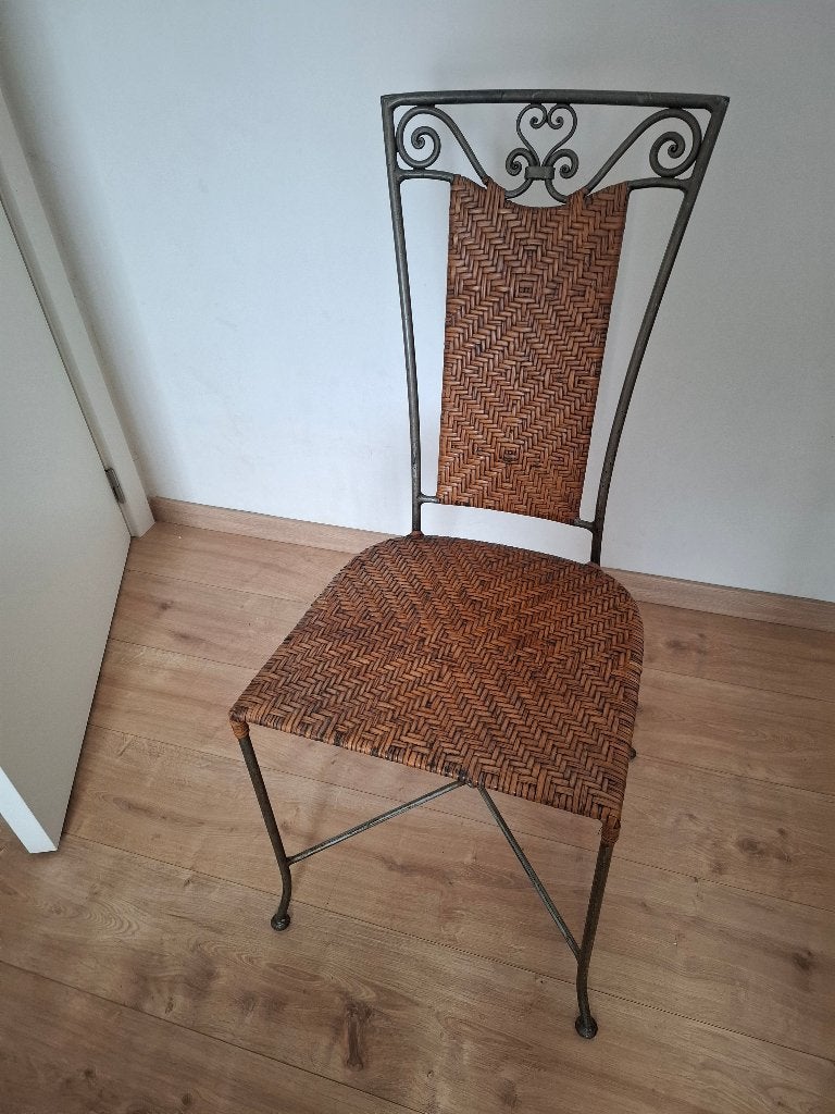 Set van 4 Vintage Smeedijzeren Stoelen met Rotan, Huis en Inrichting, Ophalen, Gebruikt, Bruin, Vintage en Brocante