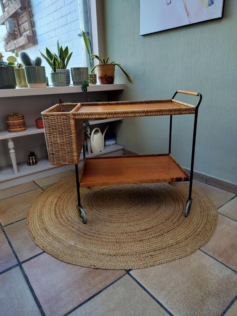 Serveerwagentje met rieten uitvoering en mandje, Maison & Meubles, Tables | Dessertes, Enlèvement