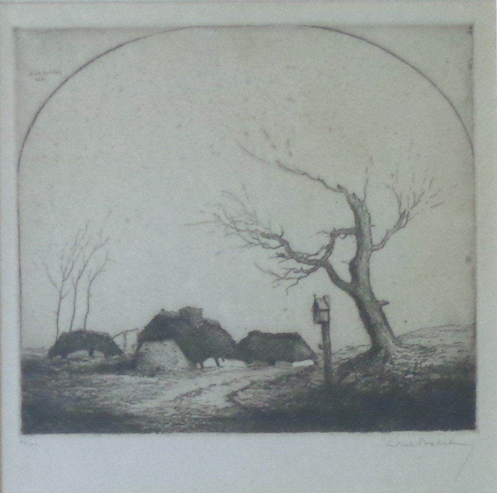 DIRK BAKSTEEN / KEMPISCHE HOEVES / ZW-W ETS / 45x46cm KADER, Ophalen of Verzenden, Ets, Gesigneerd