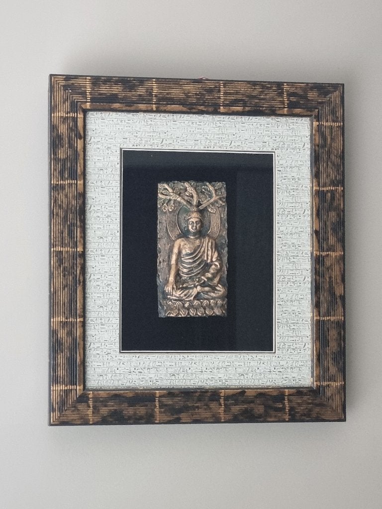 Lijst 3-D reliëf Boeddha, Gebruikt, Met glas, Hout, Ingelijst werk