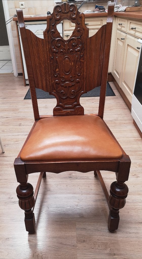 6 eiken stoelen met bruin lederen kussen, Huis en Inrichting, Stoelen, Ophalen, Bruin