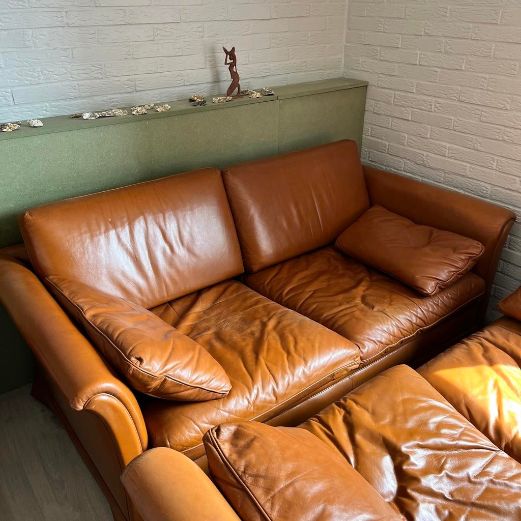 Cognac lederen zetels 2 stuks vintage, Huis en Inrichting, Ophalen, Gebruikt