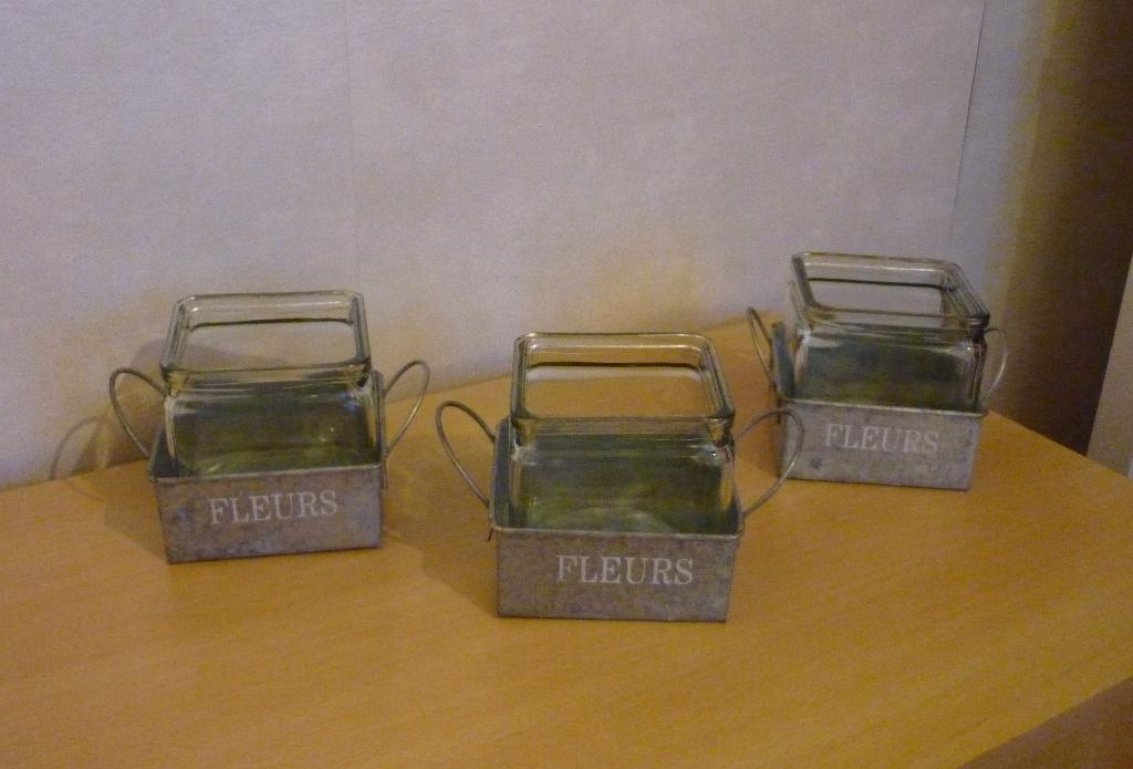 3 glazen bloempotten plantenpotten metalen onderpot schaal, Tuin en Terras, Ophalen of Verzenden