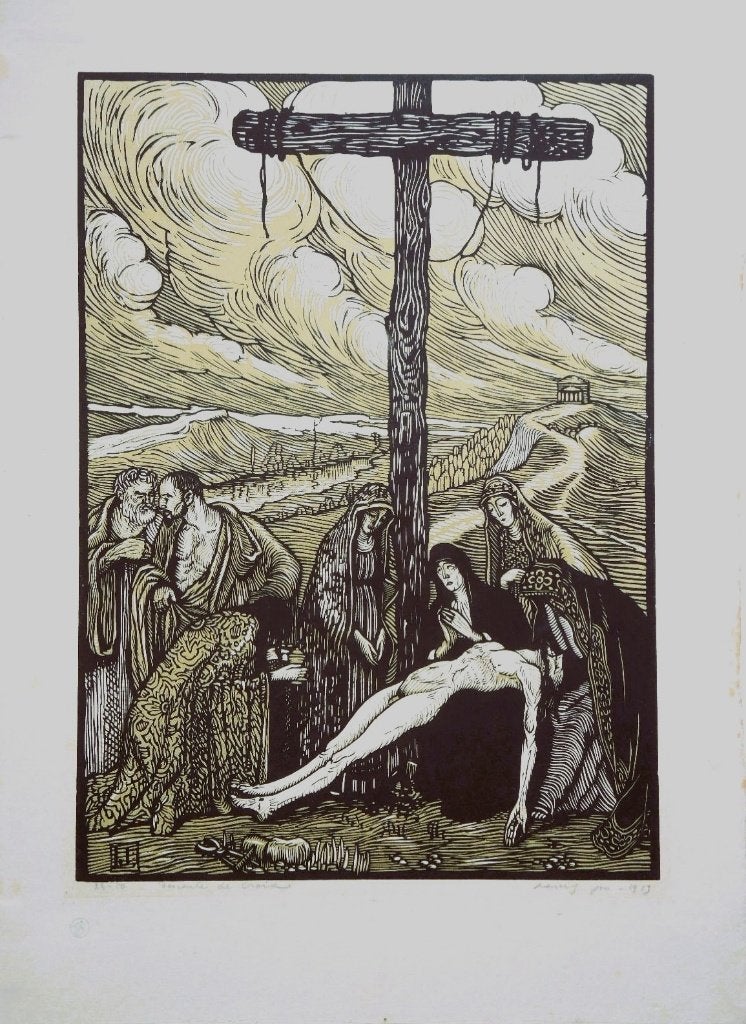 Louis Jou houtsnede "Descente de Croix", 1913, nummer 23/50, Antiek en Kunst, Kunst | Etsen en Gravures, Ophalen, Religie, Houtsnede