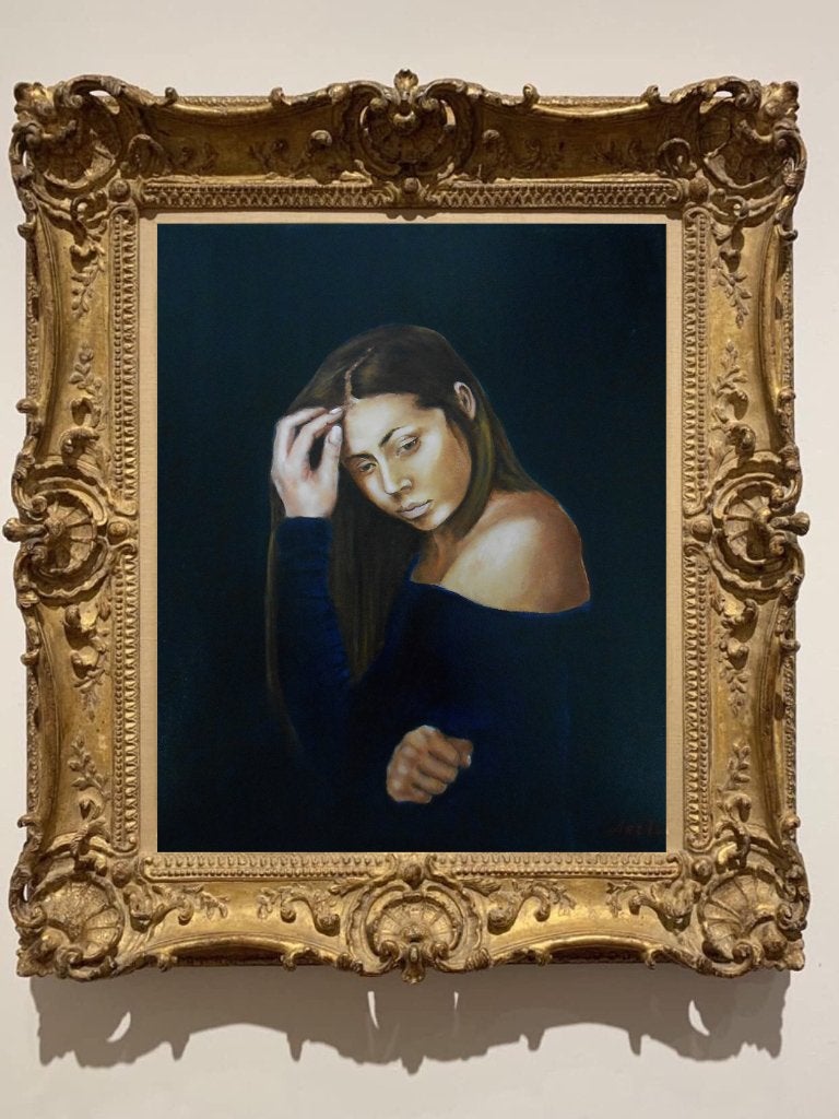 Peinture « Ma chère Lisa », Antiquités & Art, Art | Peinture | Moderne, Textile, Peinture à l'huile, Portrait, Sur cadre en bois