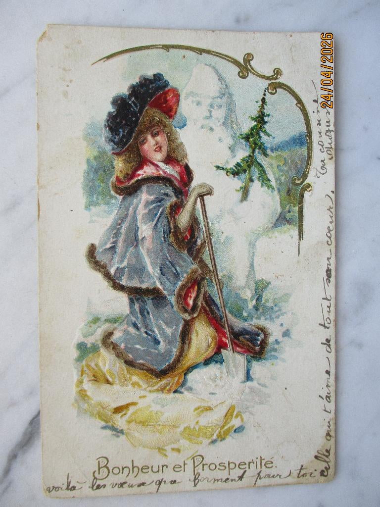 wensen mooi geklede vrouw sneeuwman spar 1907 Canada, Verzamelen, Verzenden, Voor 1920, Gelopen, Feest(dag)