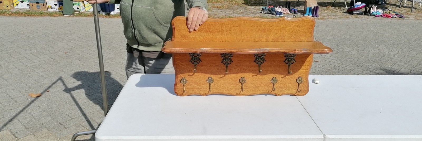 massief houten selfmade hangkapstok met legplank, Ophalen, Zo goed als nieuw, Hout, Wandkapstok