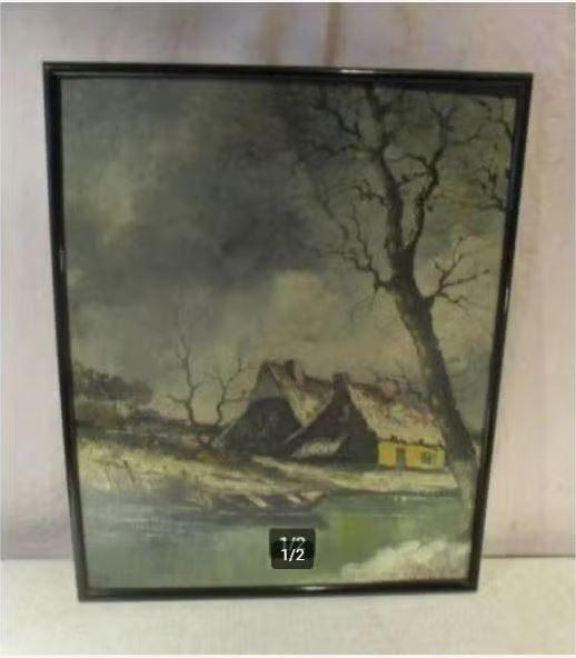 Mooi Geschilderd Werk 'Hoeve en rivier in Winter' - 51x41, Ophalen of Verzenden