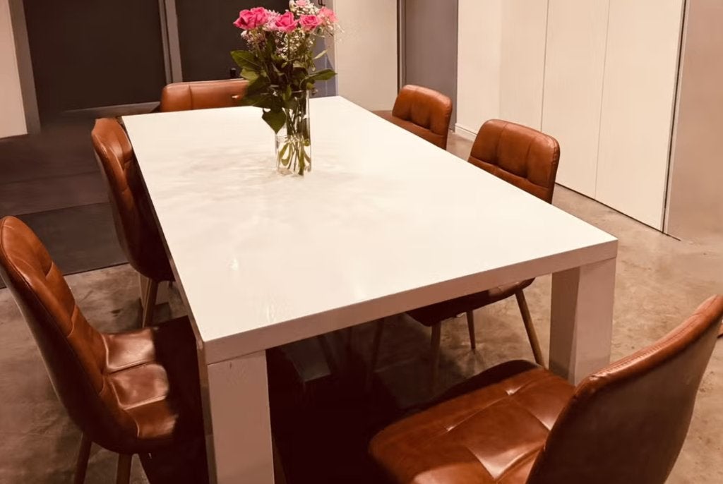 Moderne eetkamerset - 6 stoelen + tafel, Ophalen of Verzenden, Gebruikt, Modern, 4 tot 6 stoelen