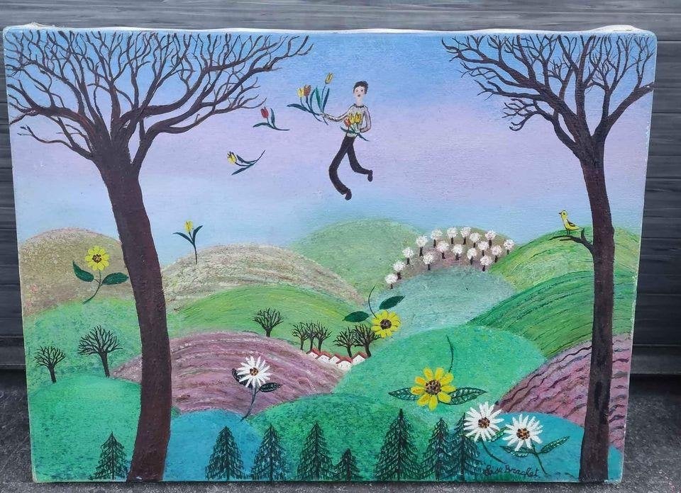 Huile sur toile le semeur des fleurs signe Lise brachet, Antiquités & Art, Enlèvement ou Envoi, Fleurs, Toile