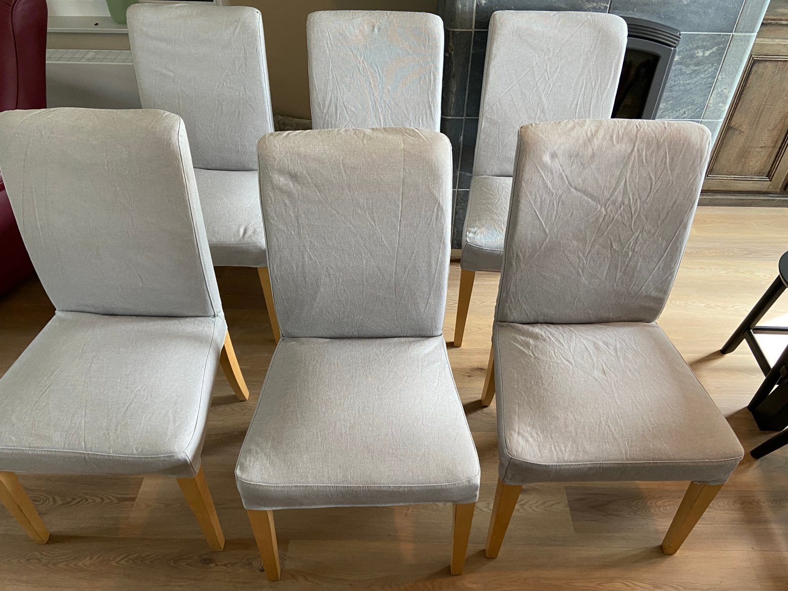 6 grijze stoelen, Huis en Inrichting, Ophalen, Gebruikt, Vijf, Zes of meer stoelen, Stof