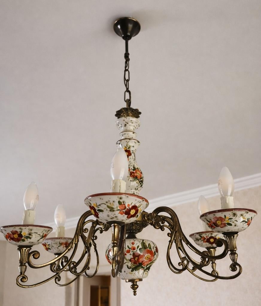 Lustre vintage en métal et céramique, Ophalen, Metaal