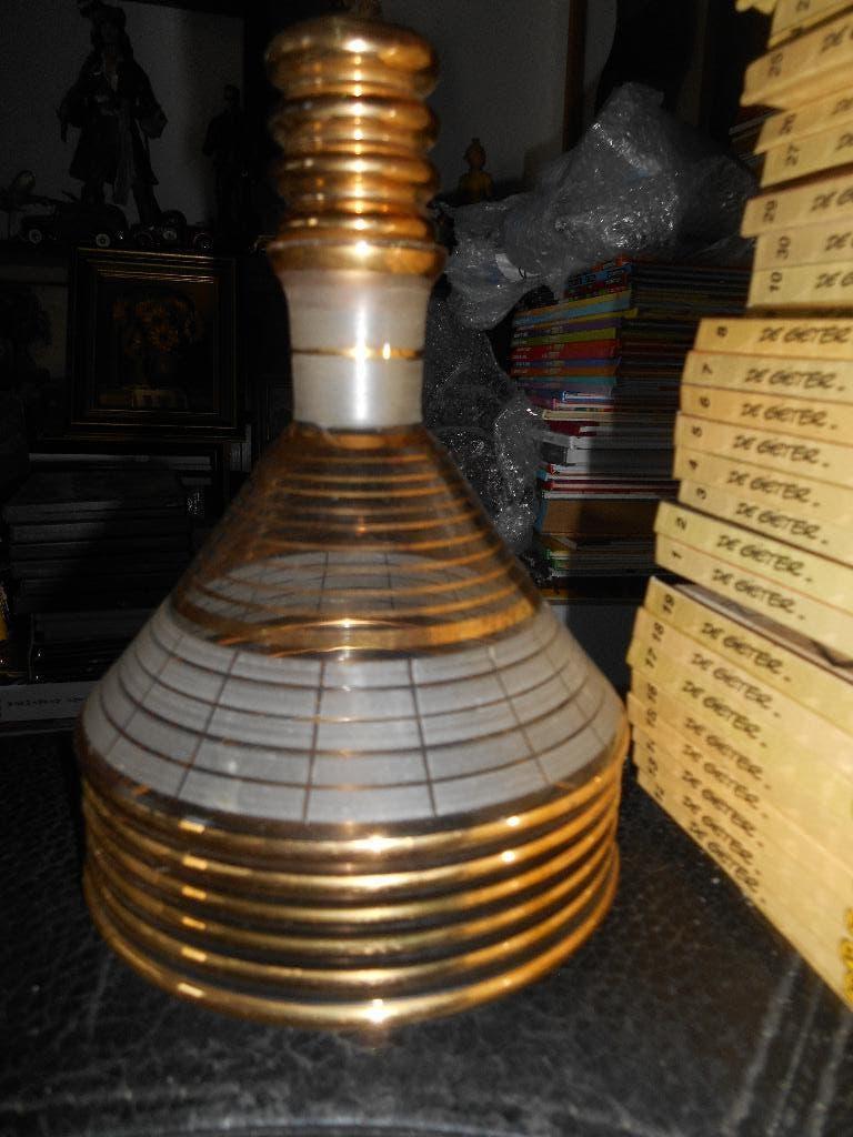 Carafe +-20cm en verre avec bouchon bordures dorés, Antiquités & Art, Enlèvement ou Envoi