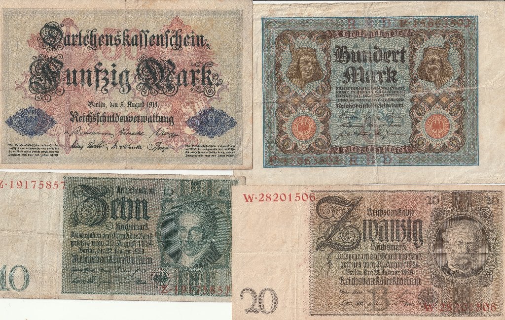 DUITSLAND 4 BILJETTEN10+20+50+100 MARK, Ophalen of Verzenden, Duitsland
