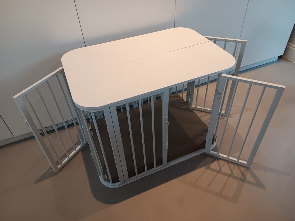 Hondenbench in wit metaal en hout, inclusief 2 kussens, Animaux & Accessoires, Maisons pour chiens, Enlèvement, Comme neuf