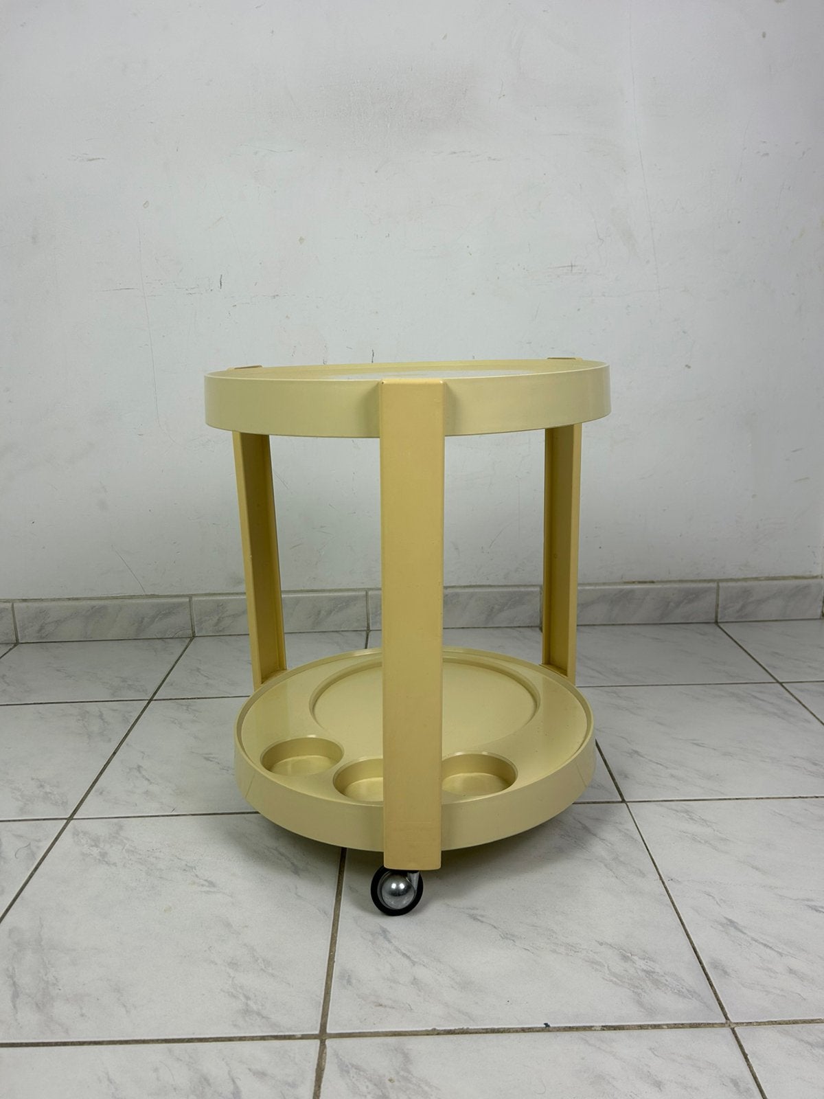 Vintage space age bijzettafel trolley, Huis en Inrichting, 45 tot 60 cm, Gebruikt, Rond, Ophalen of Verzenden