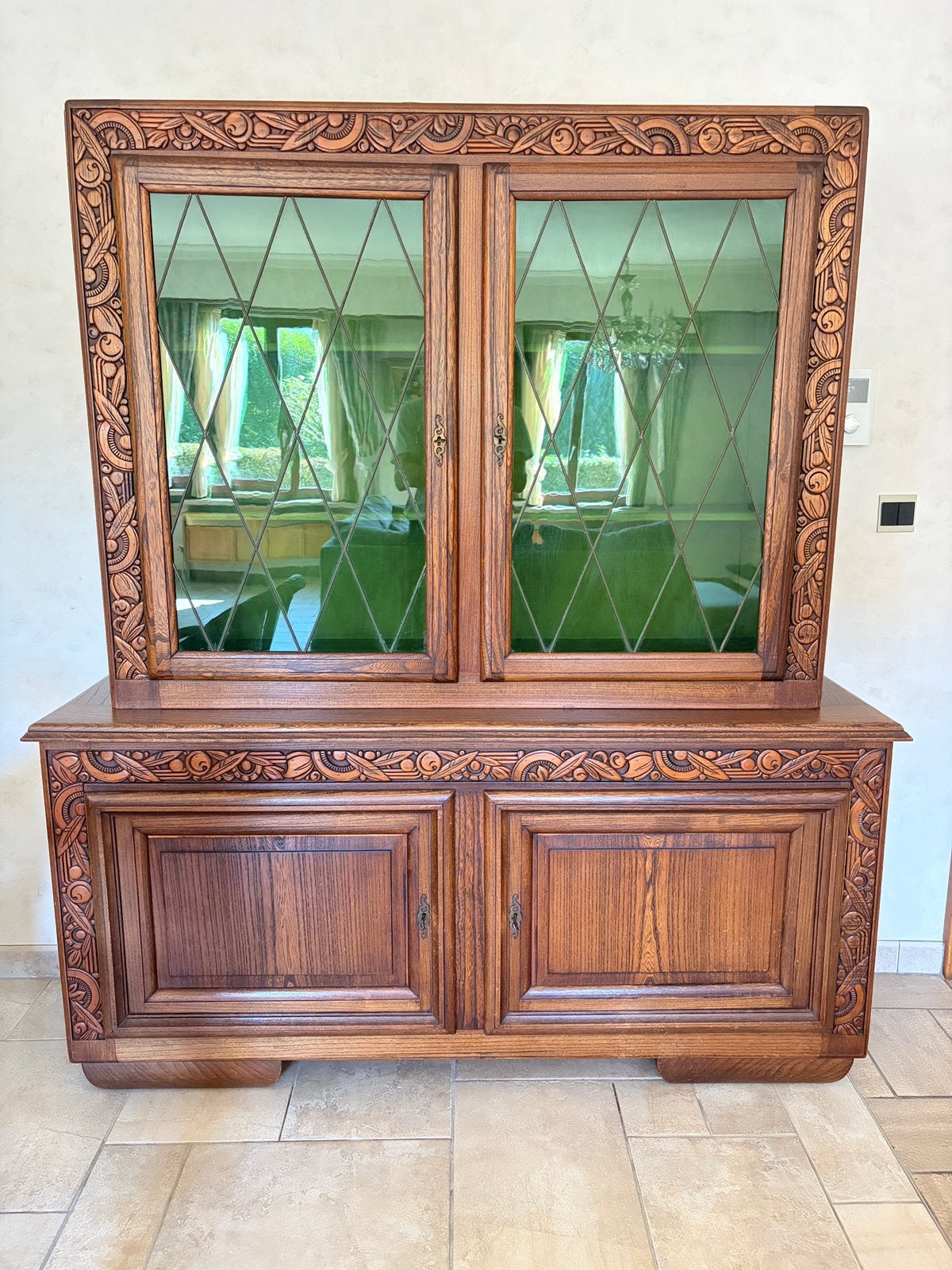 Vintage kast met glas in lood, Ophalen, Gebruikt, 150 tot 200 cm, Met lade(s)