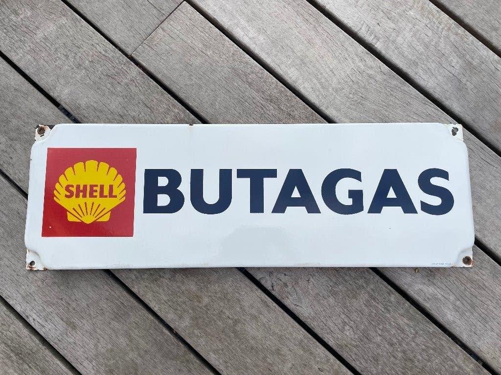 Oude emaille Shell - Langcat, Verzamelen, Ophalen of Verzenden, Gebruikt, Reclamebord
