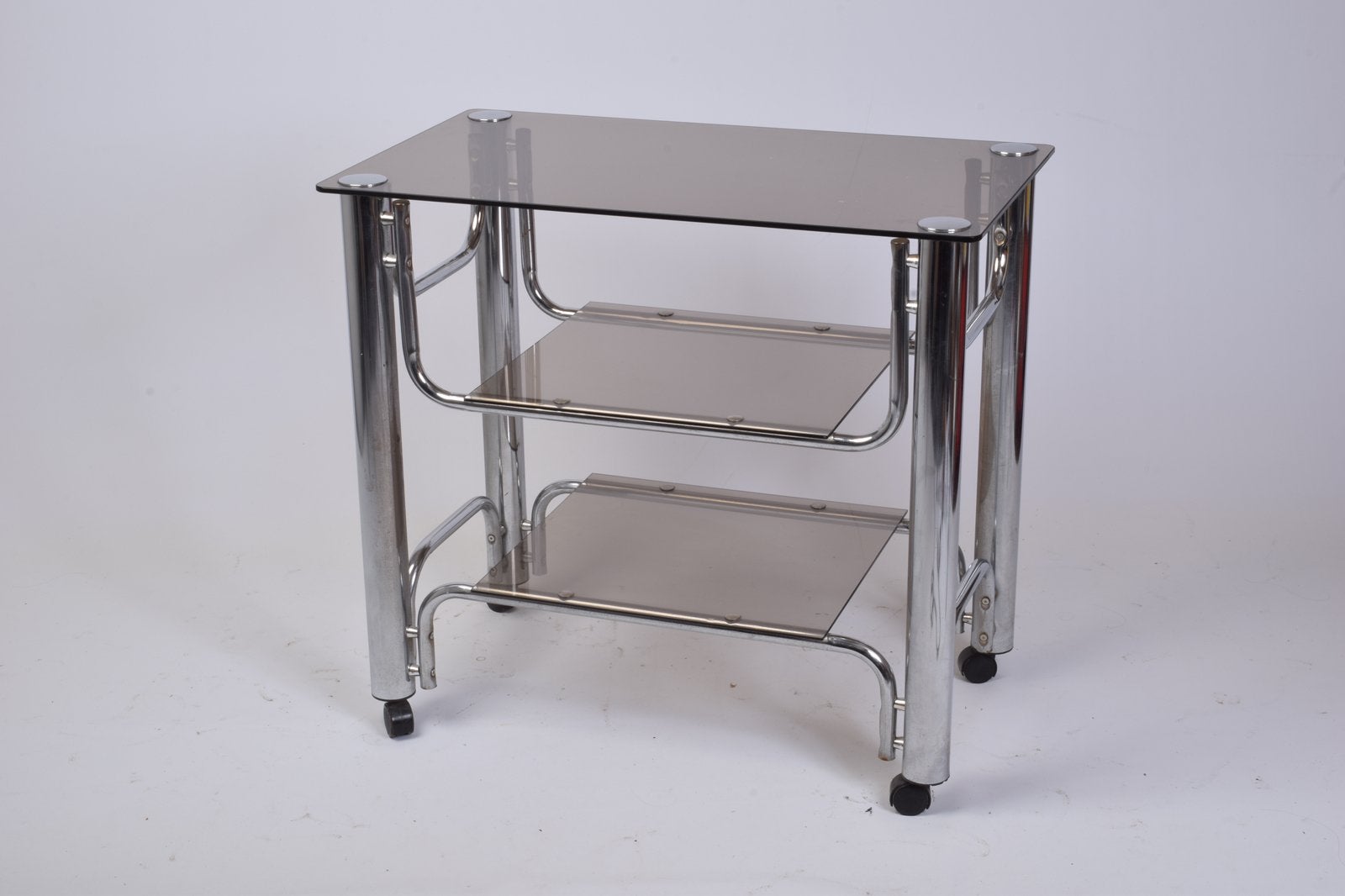 Chrome Fumé Trolley bijzettafel vintage, Ophalen, Zo goed als nieuw, Glas