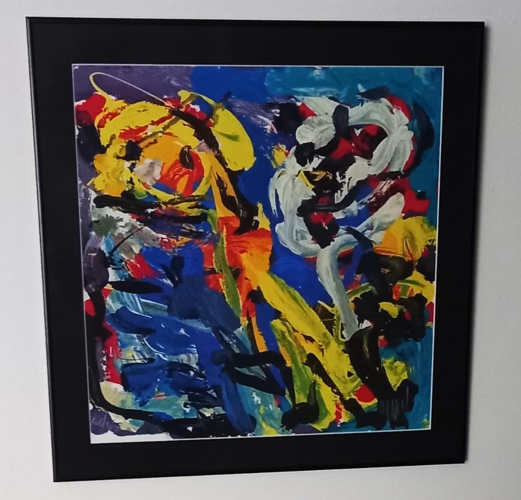 Karel Appel, 'Spelend in Blauw'(nieuw gelijst), Ophalen of Verzenden