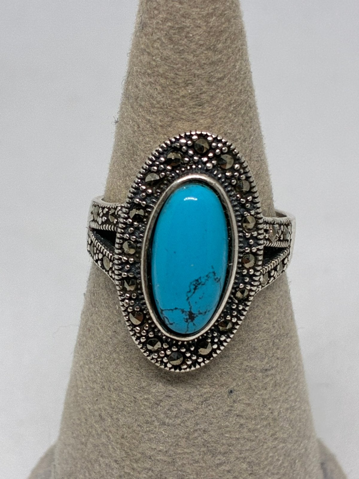 Zilveren 925 Ring met Turkoois en Markasiet, Maat 19, 18 tot 19, Blauw, Heer, Nieuw