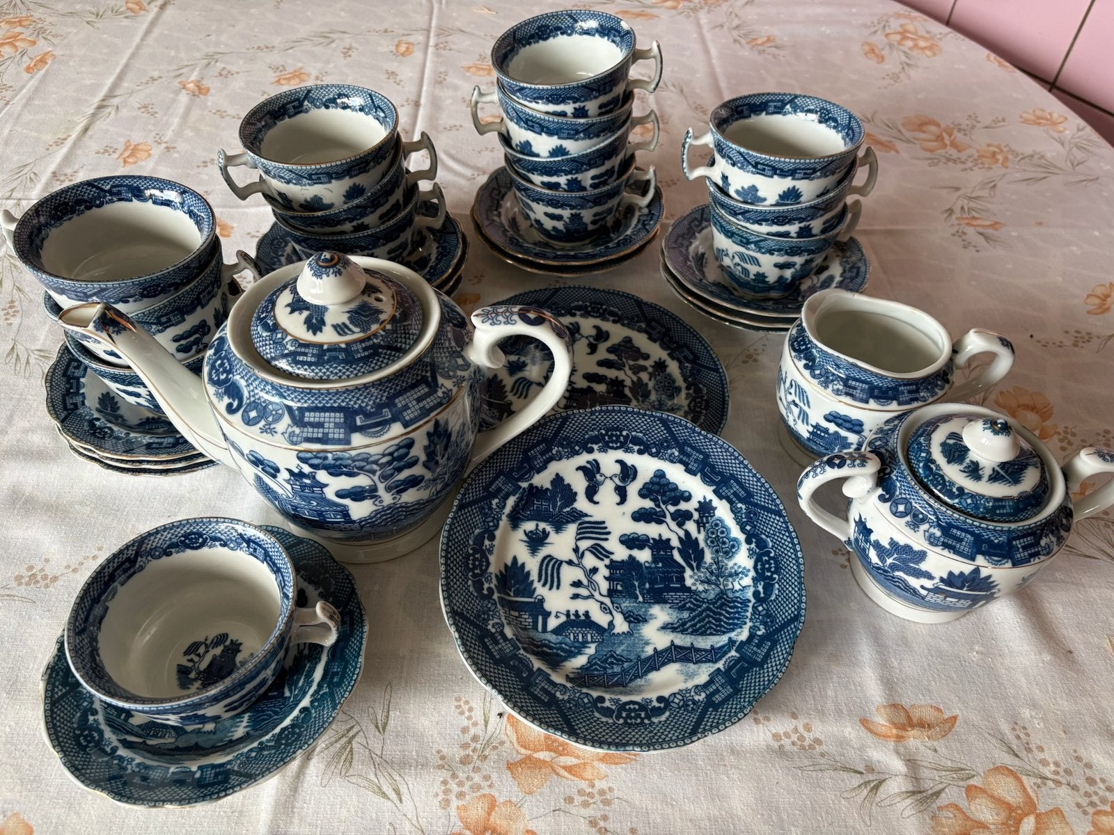 Blauw-wit koffieservies met kan, 12 tassen en schotels, Ophalen of Verzenden