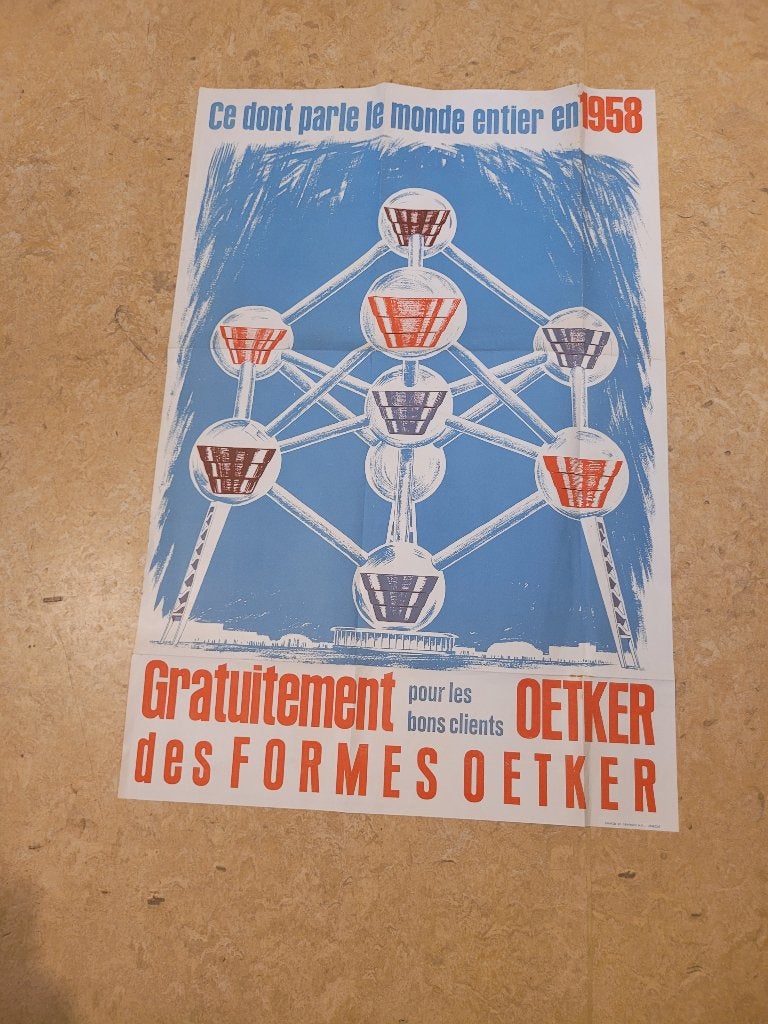 ancienne publicité Delhaize Atomium Oetker 1958, Enlèvement ou Envoi, Utilisé, Panneau publicitaire