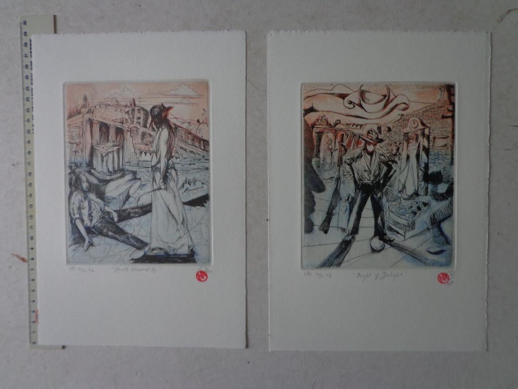 2 kleuretsen van Nick Andrews uit 2014, Ophalen of Verzenden, Dagelijks leven, Ets, Met monogram