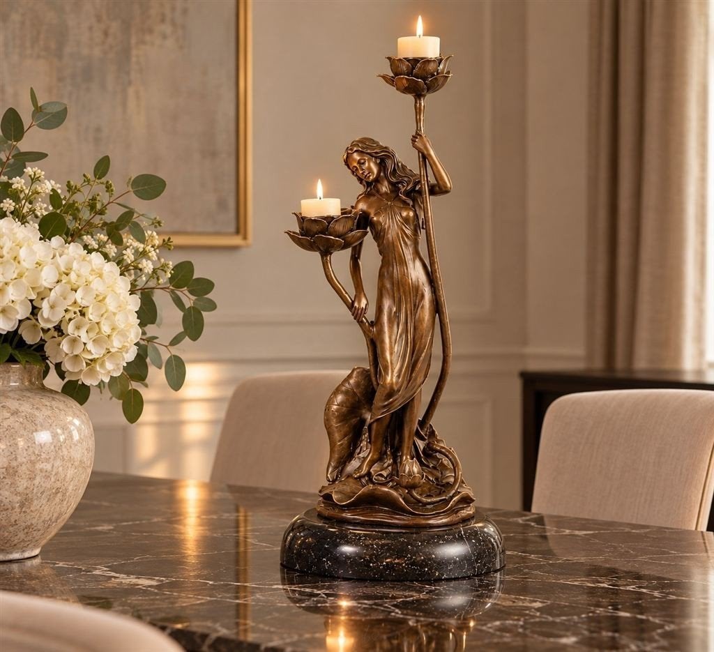 bronzen art nouveau kandelaar met dame, Enlèvement ou Envoi, Neuf, Chandelier