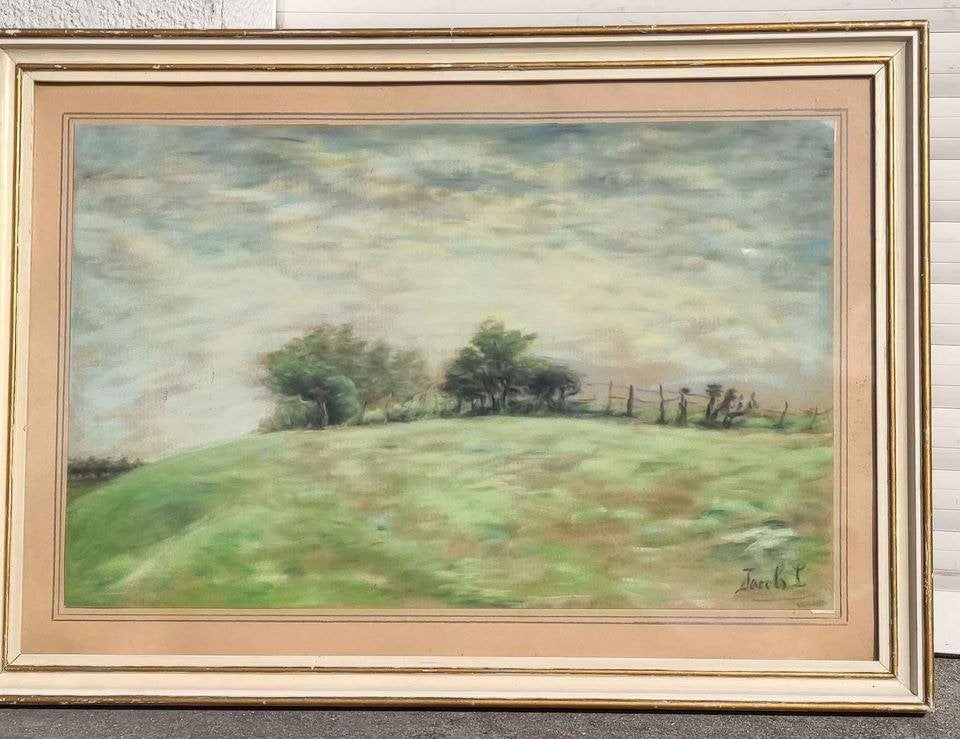 Pastel paysage signe jacob, Antiquités & Art, Art | Peinture | Classique, Enlèvement ou Envoi, Pastel, Paysage