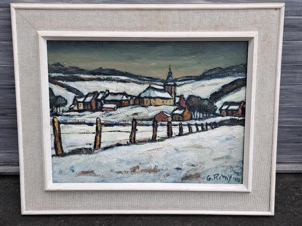 huile sur panneau village enneige signe georges remy, Antiek en Kunst, Kunst | Schilderijen | Klassiek, Ophalen of Verzenden