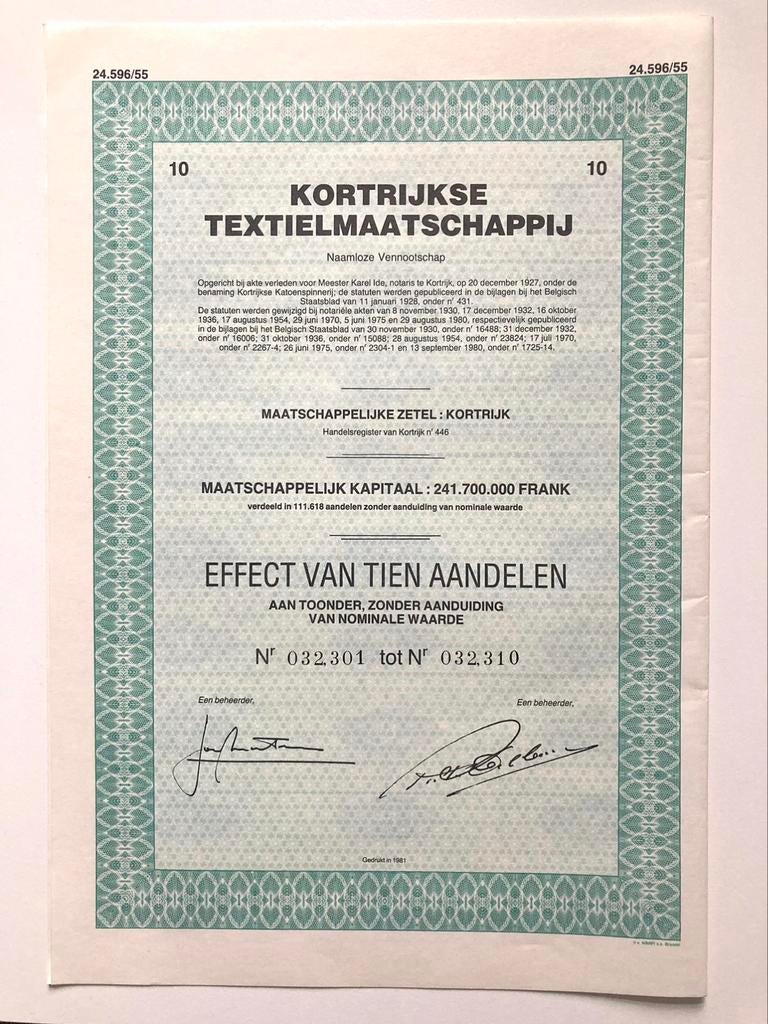 Aandeel Kortrijkse Textielmaatschappij, Ophalen of Verzenden, Aandeel