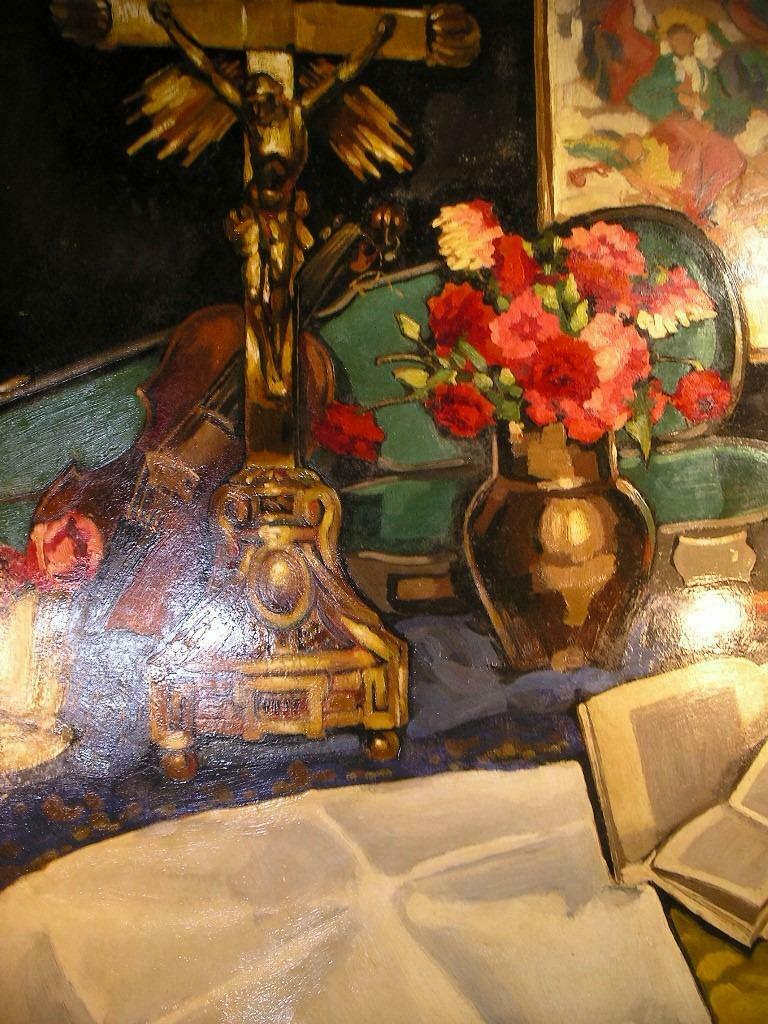 HUILE SUR PANNEAU"NATURE MORTE AU CHRIST DORE"P.DEQUENE, Enlèvement