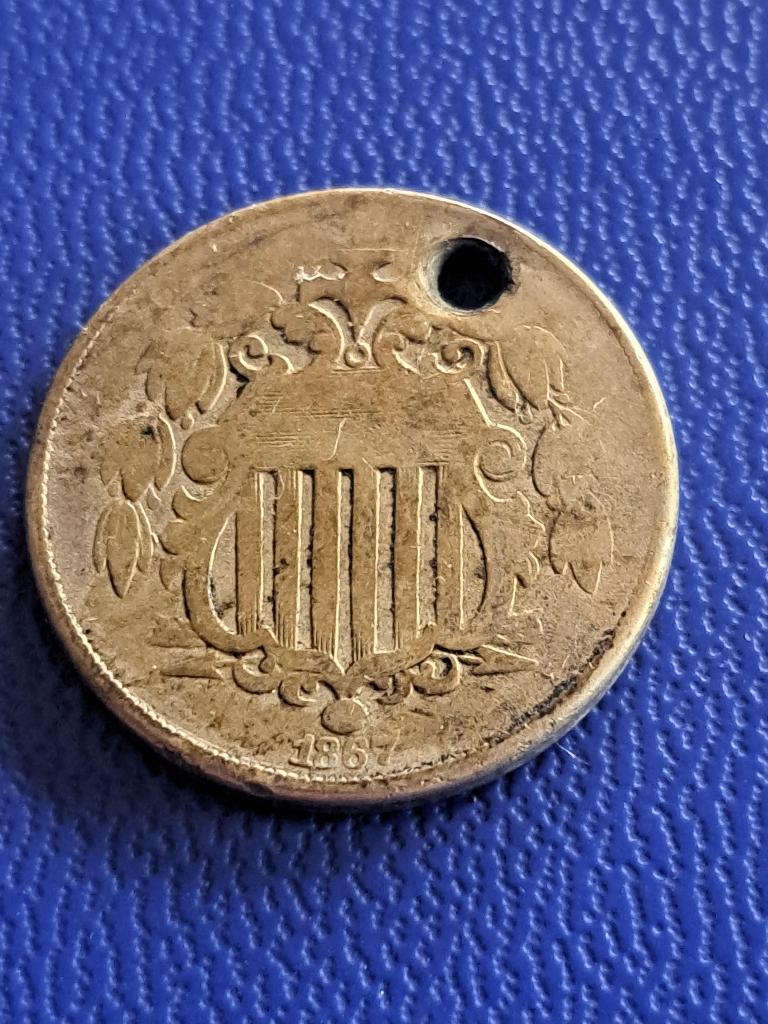 1867 États-Unis 5 cents avec un trou, Envoi, Amérique du Nord, Monnaie en vrac