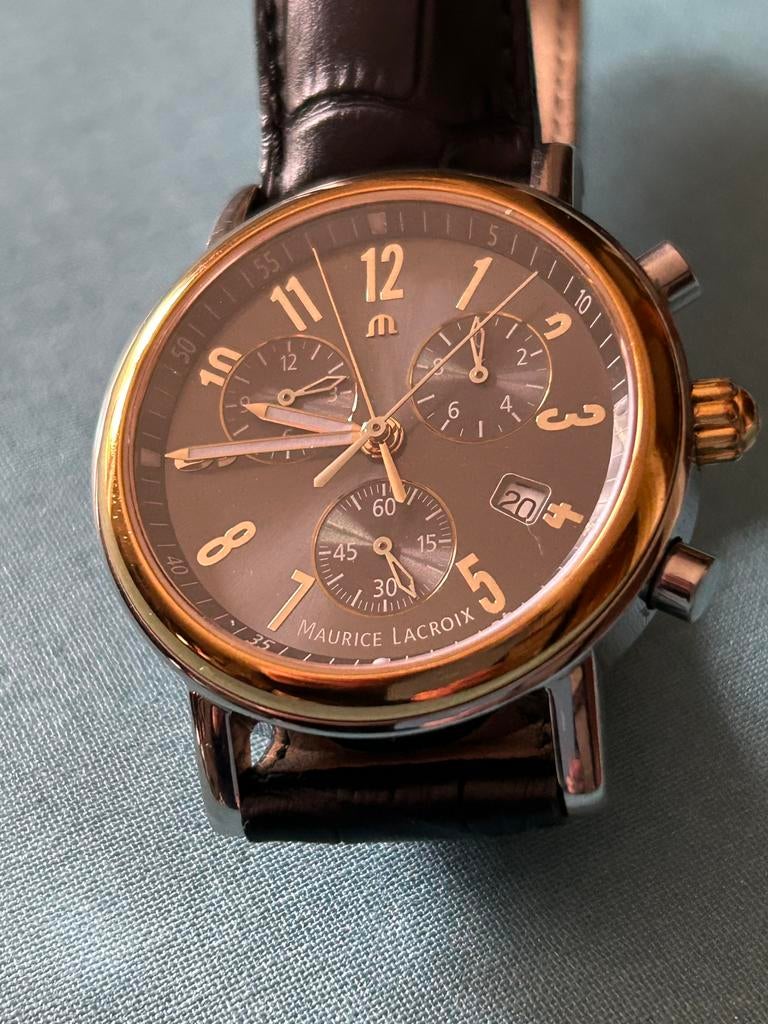 Maurice Lacroix chronograaf horloge, Handtassen en Accessoires, Horloges | Heren, Ophalen of Verzenden, Zo goed als nieuw, Goud