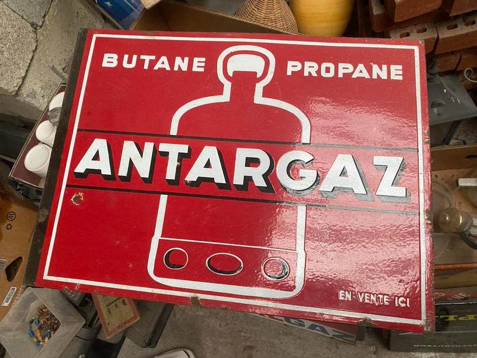 Geëmailleerde plaat Antargaz butaan, propaantoestand ++, Verzamelen, Merken en Reclamevoorwerpen, Gebruikt, Ophalen of Verzenden