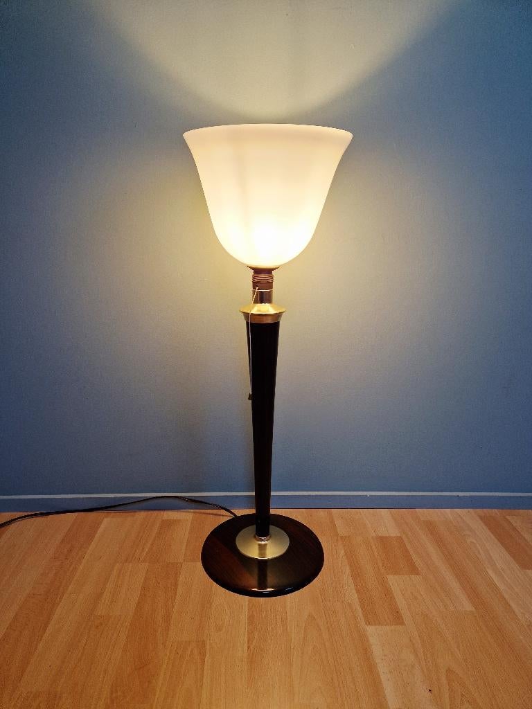 Grote Mazda Art Deco-lamp in hout en witte opaline, Antiek en Kunst, Ophalen of Verzenden